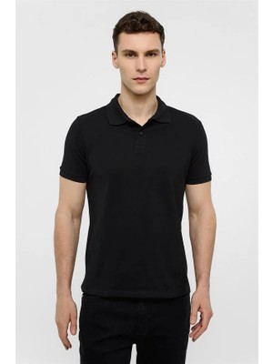 Süvari Siyah Slim Düz Düğmeli Polo Yaka Tişört