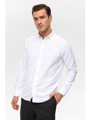 Süvari Beyaz Slim Düğmeli Yaka Cepsiz Casual Gömlek