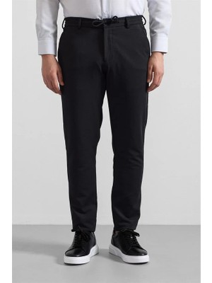 Süvari Siyah Slim Düz Gabardin Bağcıklı Jogger Pantolon