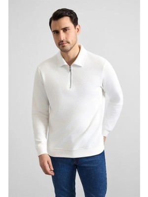 Süvari Beyaz Regular Düz Yarım Balıkçı Yaka Sweatshirt