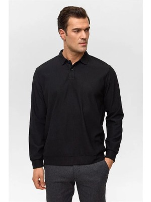 Süvari Siyah Regular Düz Fermuarlı Polo Yaka Sweatshirt