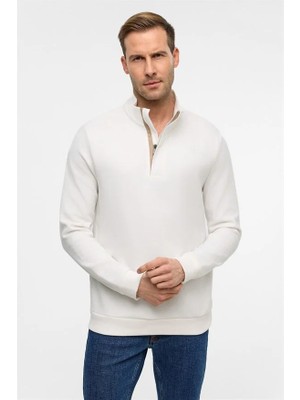Süvari Beyaz Regular Düz Fermuarlı Polo Yaka Sweatshirt