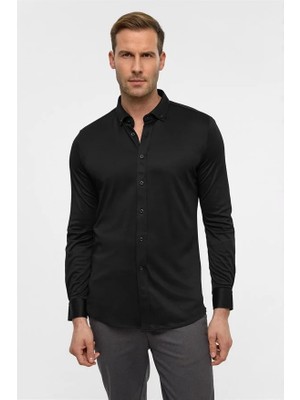 Süvari Siyah Slim Düğmeli Yaka Manşetli Casual Gömlek