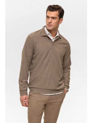 Süvari Açık Kahve Regular Düz Fermuarlı Polo Yaka Sweatshirt