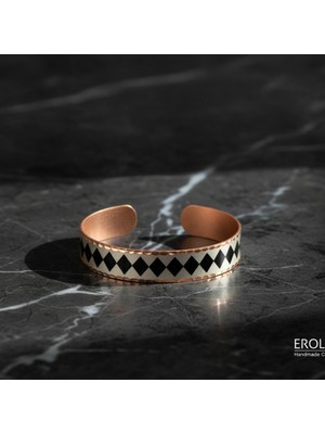 Erol Bakır Siyah Baklava Geometrik Desenli Saf Bakır Ayarlanabilir Kelepçe Bileklik Unisex El Yapımı
