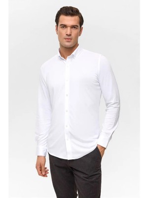 Süvari Beyaz Slim Düğmeli Yaka Manşetli Casual Gömlek