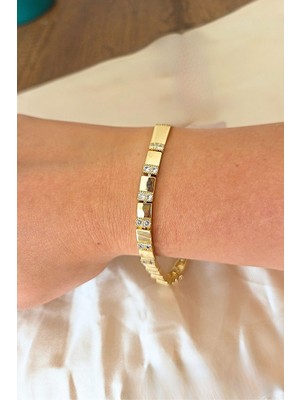 Sassy Takı Baget Zirkon Taşlı Blok Model Gold 14K Altın Kaplama Çelik Bileklik