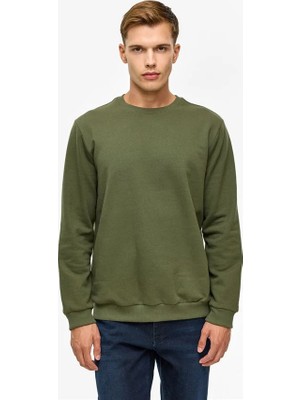 Haki Regular Düz Bisiklet Yaka Sweatshirt