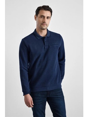 Süvari Lacivert Regular Düz Baskısız Selanik Düğmeli Polo Yaka Torba Cep Trikolu Sweatshirt