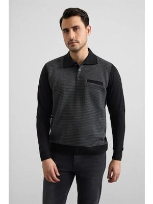 Süvari Siyah Regular Düz Baskısız Selanik Düğmeli Polo Yaka Torba Cep Trikolu Sweatshirt