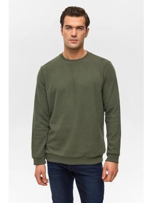 Süvari Haki Regular Düz Bisiklet Yaka Sweatshirt