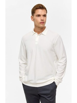 Süvari Beyaz Regular Düz Fermuarlı Polo Yaka Sweatshirt