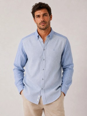 Fitmens Slim Fit Uzun Kol Çift Desen Yaka Düğmeli Keten Likra Cepsiz Hediye Kutulu Erkek Gömlek FS-004578 - Açık Mavi