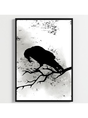 Besay Modern Kuzgun ve Kuş Temalı Poster Seti | Gotik Duvar Dekorasyonu | Siyah Beyaz Karga ve Dal Tasarımlı Poster | 3