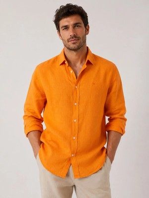 Fitmens Slim Fit Uzun Kol %100 Keten Nefes Alabilen Kumaştan Hediye Kutulu Erkek Gömlek FS-004170 - Turuncu