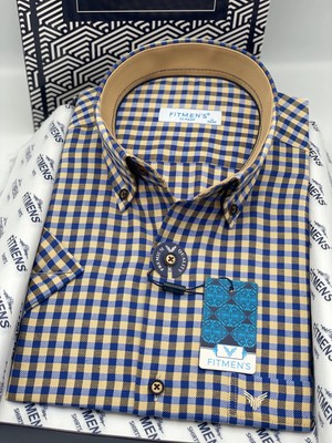 Fitmens Klasik Kısa Kol Kareli Yaka Düğmeli Hediye Kutulu Erkek Gömlek FS-004576 - Camel