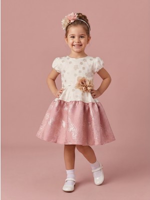 Ciliegia Dolls Kız Çocuk Taç Hediyeli Çiçekli Pembe Jakar Elbise
