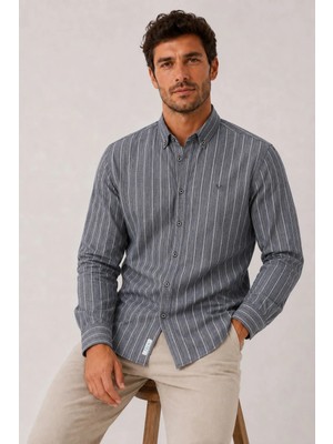 Fitmens Slim Fit Uzun Kol Çizgili Cepsiz Keten Likra Hediye Kutulu Erkek Gömlek FS-004579 - Lacivert