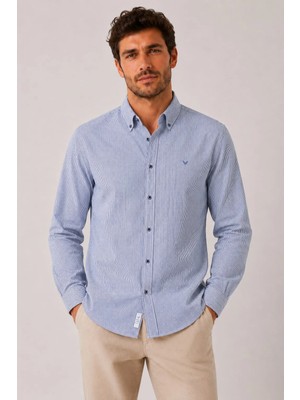 Fitmens Slim Fit Uzun Kol Cepsiz Çizgili Keten Likra  Hediye Kutulu Erkek Gömlek FS-004581 - Saks Mavi