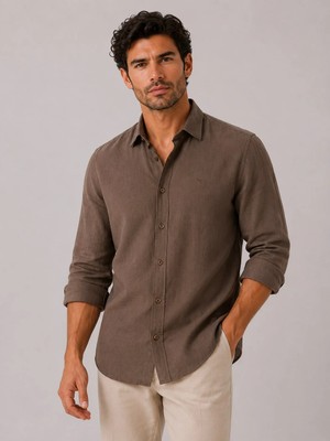 Fitmens Slim Fit Uzun Kol %100 Keten Nefes Alabilen Kumaştan Hediye Kutulu Erkek Gömlek FS-004170 - Kahverengi
