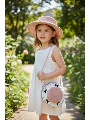 Aware Time 3-8 Yaş Kız Çocuk Hasır Aksesuarlı Fötr Şapka Çanta Set