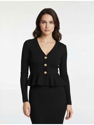 Koton Slim Fit Mücevher Düğmeli V Yaka Uzun Kollu Peplum Hırka