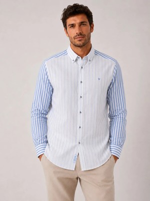Fitmens Slim Fit Uzun Kol Keten Likra Çift Desen Cepsiz Hediye Kutulu Erkek Gömlek FS-004577 - Açık Mavi