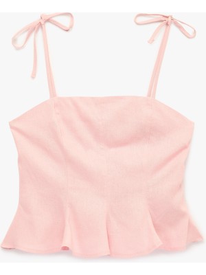 Koton Slim Fit Hafif Peplum Kesim Pileli Ip Askılı Crop Keten Bluz
