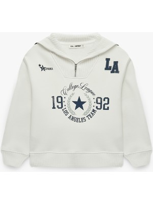 Koton Üç Iplik Şardonlu Yarım Fermuarlı Yaka Baskılı Oversize Sweatshirt