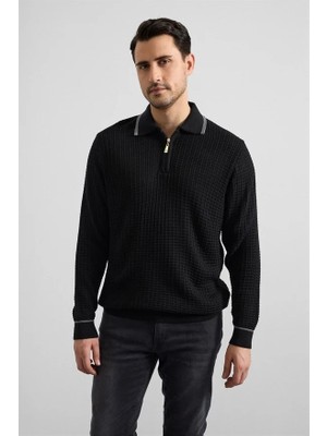 Süvari Siyah Regular Fermuarlı Polo Yaka Kazak