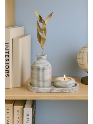 Siyah & Beyaz Seramik Vazo, Tealight Mumluk ve Dekoratif Tepsi Seti - Beyaz Minimal Tasarım