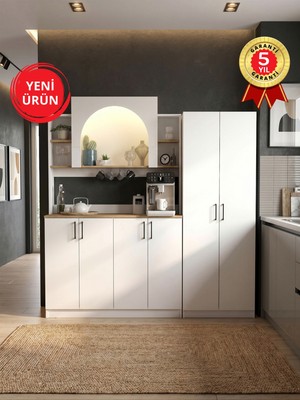 Dorpek 6 Kapaklı LED Işıklı Kahve Köşesi, 15 Raflı Kiler Dolabı ve Çok Amaçlı Dolap Beyaz-Sepet 184 cm | Afrodis & Tuco