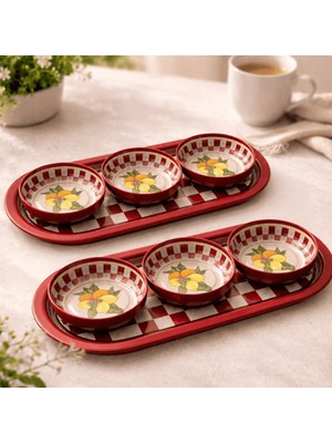 Sarkap Home 16X35 cm 2'li Oval Tepsi 10X3,2 cm 6'lı Çerezlik Seti Kırmızı Lemon Design