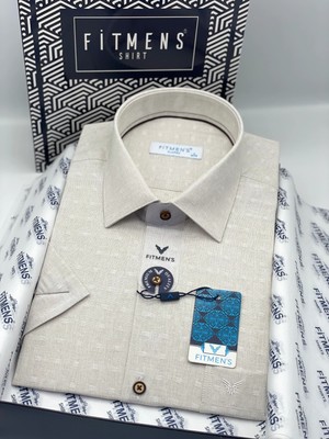 Fitmens Klasik Kısa Kol Keten Cotton Nefes Alan Kumaş Hediye Kutulu Erkek Gömlek FS-004570 - Bej