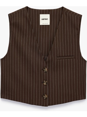 Koton V Yaka Düğmeli Çizgili Crop Blazer Yelek