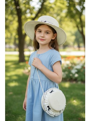 Aware Time 3-8 Yaş Kız Çocuk Hasır Aksesuarlı Fötr Şapka Çanta Set