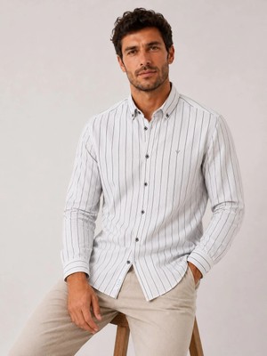 Fitmens Slim Fit Uzun Kol Çizgili Cepsiz Keten Likra Hediye Kutulu Erkek Gömlek FS-004579 - Beyaz Siyah