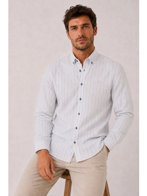 Fitmens Slim Fit Uzun Kol Çizgili Cepsiz Keten Likra Hediye Kutulu Erkek Gömlek FS-004579 - Beyaz Açık Mavi