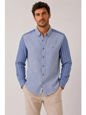 Fitmens Slim Fit Uzun Kol Çift Desen Yaka Düğmeli Keten Likra Cepsiz Hediye Kutulu Erkek Gömlek FS-004578 - Saks Mavi