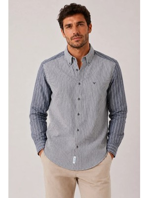 Fitmens Slim Fit Uzun Kol Çift Desen Yaka Düğmeli Keten Likra Cepsiz Hediye Kutulu Erkek Gömlek FS-004578 - Lacivert