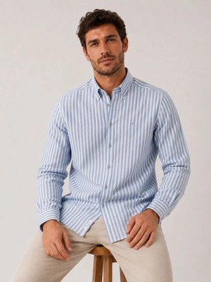 Fitmens Slim Fit Uzun Kol Çizgili Yaka Düğmeli Keten Likra Hediye Kutulu Erkek Gömlek FS-004580 - Açık Mavi