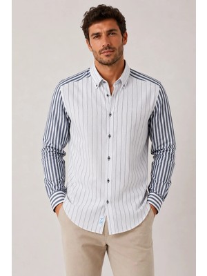 Fitmens Slim Fit Uzun Kol Keten Likra Çift Desen Cepsiz Hediye Kutulu Erkek Gömlek FS-004577 - Lacivert