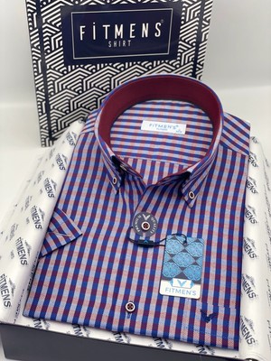 Fitmens Klasik Kısa Kol Kareli Yaka Düğmeli Hediye Kutulu Erkek Gömlek FS-004576 - Bordo