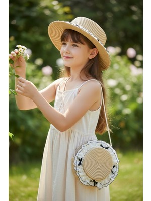 Aware Time 3-8 Yaş Kız Çocuk Hasır Aksesuarlı Fötr Şapka Çanta Set