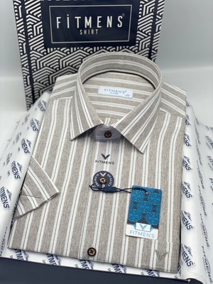 Fitmens Klasik Kısa Kol Keten Cotton Nefes Alan Kumaş Hediye Kutulu Erkek Gömlek FS-004574 - Bej