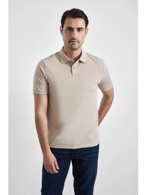 Süvari Bej Regular Düz Baskısız Pike Düğmeli Polo Yaka Tişört
