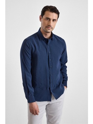 Süvari Lacivert Slim Klasik Yaka Düz Casual Gömlek
