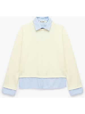 Koton Rahat Kalıp Uzun Kollu Çizgili Gömlek Yaka Katmanlı Sweatshirt