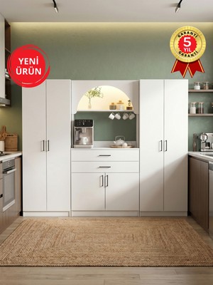 Dorpek 6 Kapaklı 2 Çekmeceli LED Işıklı Kahve Köşesi, 13 Raflı Çok Amaçlı Dolap ve Kiler Dolabı Beyaz 217 cm | Sardes & 2*tuco
