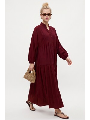 Ritnice Kadın Modest New Base %100 Viskon Bordo Maksi Boy Yazlık Elbise